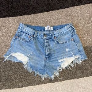 We the Free People Sz 25 Jean Shorts Distressed Button-Fly Frayed Hems Hi-Rise